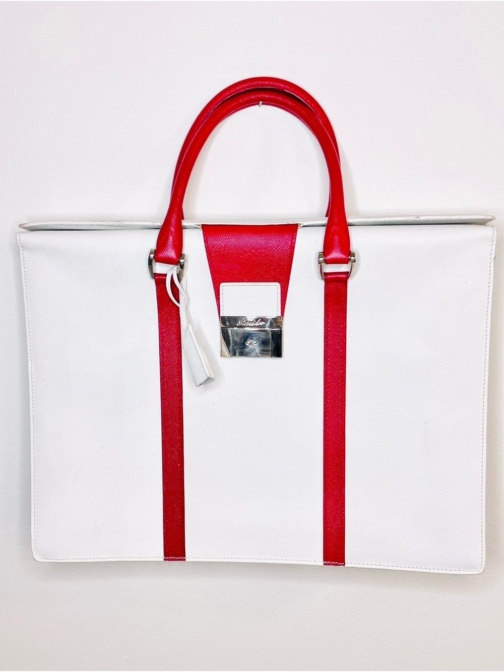 Brahmin White Structured Satchel w/ Red Trim & Silver Clasp